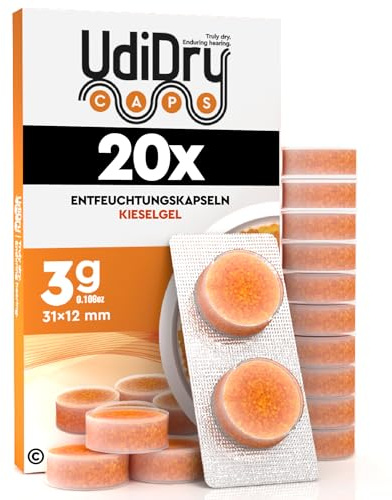 20 Trockentabletten für Hörgeräte UdiDry Caps 3g (31mm) Entfeuchtungstabletten mit Kieselgel für Hörsysteme - einzeln verpackt Trockentabs Trockner Tabletten Trockenkapseln zur Trocknung Hörgeräten