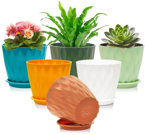 Omtofo 15,4 cm Vaso per fiori in plastica con sottovaso, set da 6 vasi con più fori di drenaggio, vaso rotondo per piante da interno e balcone, per piante grasse e cactus
