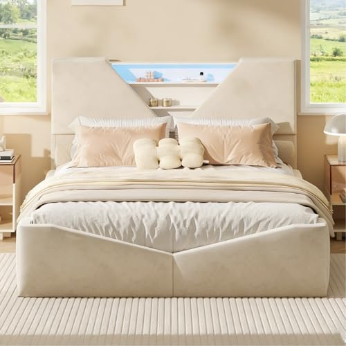 BRILVERDE Polsterbett 140x200 mit Stauraum, Unterbett-Stauraum, Doppelbett mit LED, Jugendbett mit Kopfteil, Bettgestell mit Lattenrost, für Erwachsene, Samt (Beige, 140 x 200 cm)
