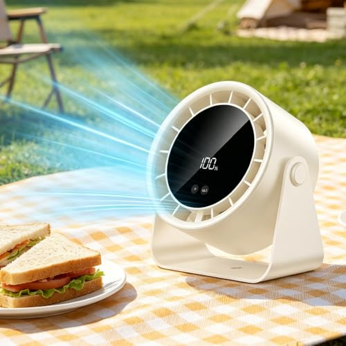 Nzkeuf Desk Fan, USB Rechargeable Desktop Fan with LED Digital Display, 100 Speeds 90° Tilt Hangable Quiet Portable Table Fans for Bedroom, Office, Dorm, Kitchen, Home, Camping (Creamy white)