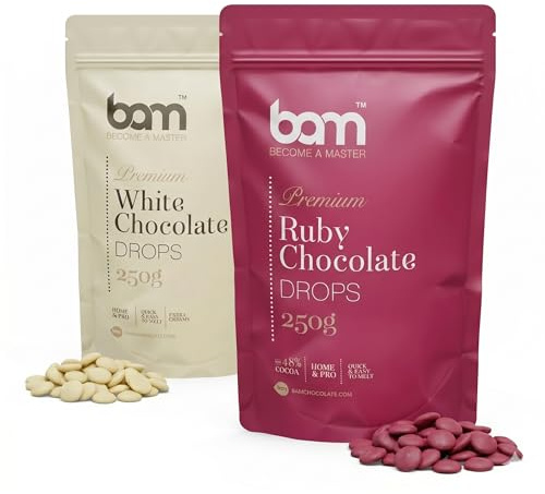 BAM Pépites de Chocolat de Couverture – Lot | Ruby (48,8% Cacao) & Blanc en Pistoles | Chocolat Pâtissier pour Pralines, Ganache & Desserts Créatifs – 2 x 250g