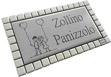 GUIZZO Creart - Targa Personalizzata Nomi/Via in Ceramica, Targhetta Modificabile Cornice Mosaico, Targhetta Porta Ingresso Numero Civico Esterno Made in Italy, 17x9.5H cm, Grigio/Bianco