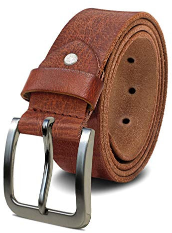ROYALZ Herren Ledergürtel aus robusten 4 mm Büffel-Leder, Voll-Leder Vintage Gürtel für Jeans Anzug Hose, Größe:Bundweite 135 cm = Gesamtlänge 150 cm, Farbe:Cognac Braun - Schnalle gebürstet