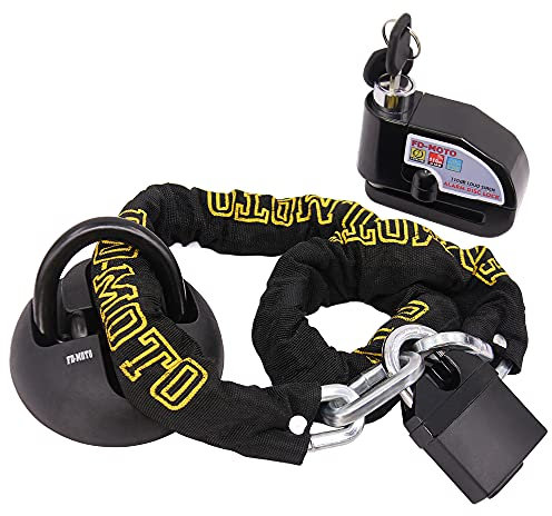 FD-MOTO 2.9KG Steel 1.2M*10mm Chain Lock Padlock + Alarm Brake Disc Lock Black + Ground Wall Anchor Heavy Duty for Motorbike Motorcycle Scooter Bike Bicycle ATV