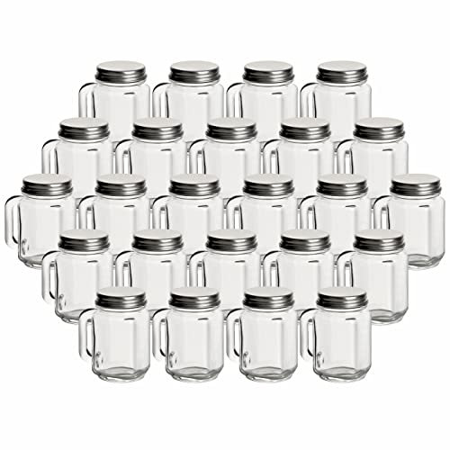 gouveo 24er Set Mini Trinkgläser 30 ml mit Drehverschluss silberfarben - Henkelglas mit Schraubdeckel - Schnaps-Glas für Geburtstag, Party, Hochzeit