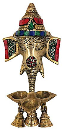 Guruji Divinity Metall Messing Ganesh Deepak mit Glocken Messing Ganesha Wandbehang Puja Idol Öllampe Messing Ganesha Gesicht für Home Decor für Mandir-Tempel