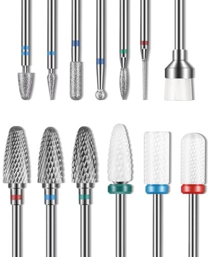 Depvko 13-teiliges Nagelbohrer-Set, Bohrer für Nägel, 3 Stück Wolframkarbid-Bohrer + 3 Stück Keramik-Efile-Nagelbohrer + 6 Stück Diamantbohrer + 1 Stück Bürste, 3/32 Zoll Nagel-Bits für Nagelbohrer