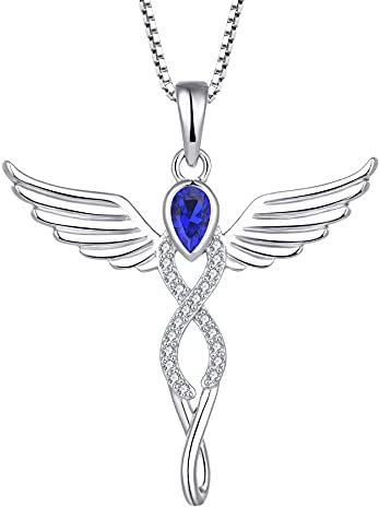 FJ Engelsflügel Kette Damen 925 Sterling Silber Schutzengel Anhänger Halskette Infinity Unendlichkeit Saphir September Geburtsstein Schmuck Geschenke für Frauen Mädchen