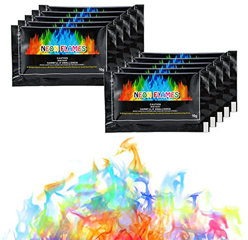 Buntes Feuerpulver, Magic Fire Pulver, Buntes Feuer, Neon Flames, Farbe Zauberpulver Feuer und Geeignet für Lagerfeuer und Außenkamine, Party und Halloween und Weihnachte, Outdoor Events - 10 X 10g