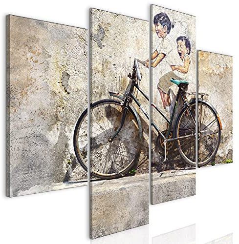 decomonkey Bilder Set Banksy Kinder 126x98 cm 4 Teilig Leinwand Bilder Bild auf Leinwand Vlies Wandbild Kunstdruck Wanddeko Wand Wohnzimmer Wanddekoration Madchen Jungen Street Art Kids on a Bike
