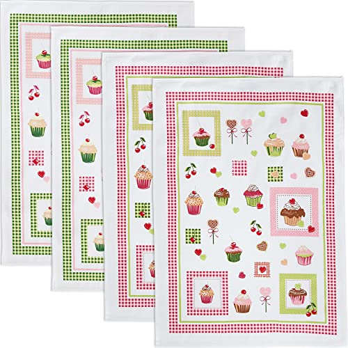 Erwin Müller Geschirrtuch, Küchentuch 4er-Pack Motiv Muffin - saugstark, strapazierfähig, mit Schlaufe zum Aufhängen - Muffin Größe 50x70 cm