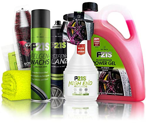 Felgenreiniger Set: Dr. Wack P21S POWER GEL Felgen Reinigung + K2 PRO Felgenbürste + Dr. Wack Felgen-Wachs Versiegelung + Dr. Wack Reifen-Glanz + chemicalworkz Premium Mikrofasertuch 500GSM | 5-teilig