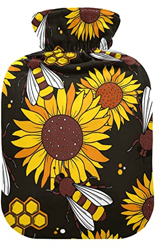Wärmflasche mit weichem Samtbezug, Waben, Blumen, Wärmbeutel zur Schmerzlinderung, heiße und kalte Kompresse, Körperbettwärmer, 1 l