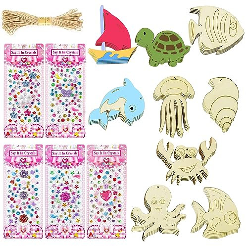 Qivine Meertier Windspiel Bastelset Kinder, Holzbastelsets für Kinder, Meerestier Bastelset zum Bemalen, Kinder Malen Dekoration für Mädchen Junge Kindergeburtstag Babyparty, DIY - 9 Stile