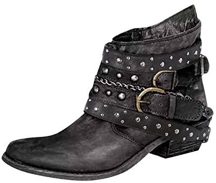 ARtray Damen Walking Stiefeletten Damen Square Heel Nagel Dekoration Dressy Party Schuhe Mode Retro Gürtelschnalle Kette Schuhe Mit Seitlichem Reißverschluss Damen Motorrad Casual Stiefel Straße