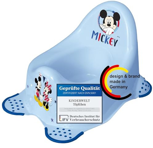 KiNDERWELT Pot de qualité supérieure pour enfants et bébés, motif Mickey Mouse de Disney en bleu, pot pour les tout-petits à partir de 18 mois, dossier haut, antidérapant et sans BPA