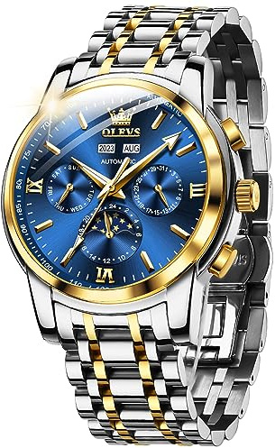 OLEVS Hommes Montre Automatique Auto - Enroulement Phase De Lune Calendrier Hommes Squelette Montre en Acier Inoxydable Luxe Montre Cadeau Noir
