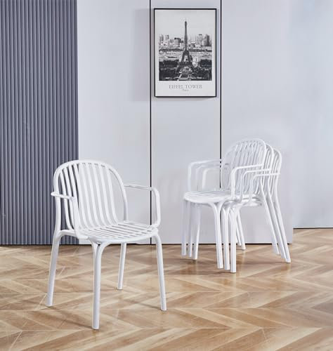 Hallowood Furniture Stoker Stackable Chairs Set of 4 with Arm Support, Modern Stacking White Plastic Chairs for Adults, Perfect for Dining, Pub, Restaurant or Outdoors, Plastic Garden Furniture