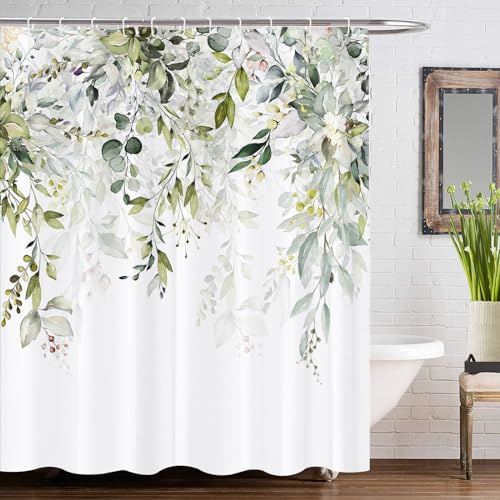 GOOESING Duschvorhang mit Blumenmuster, Eukalyptusblätter, Retro-Duschvorhang, Bauernhaus-Badezimmervorhang mit Haken, Badezimmerdekoration, waschbar, langlebig, wasserdichter Stoff, 180 x 180 cm