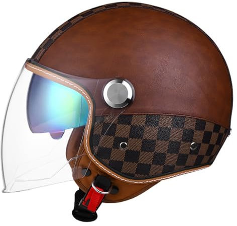 Mezzo Casco Moto Vintage Pelle Caschi Cromwell Casco A Faccia Aperta Omologato ECE Estivo Caschi Jet E Demi-Jet Donna Uomo Adulto Con Doppia Visiera Portatile Casco Scodella 7,S:55-56CM