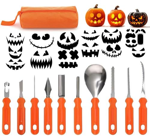 Halloween Kürbis Schnitzset, 10 Stück Professionelle Kürbis Schnitzwerkzeuge mit Tragetasche und 15 Schnitzvorlagen, Edelstahl Pumpkin Carving Knives FüR Kinder und Erwachsen