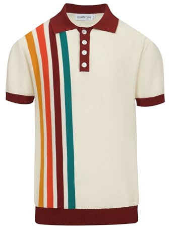OXKnit Poloshirt Herren Kurzarm Baumwolle Lässig Vintage Gestreiftes Braun Beige Strick Poloshirt