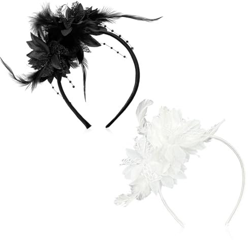 UILYNIU 2 Stück Feder Haarschmuck Stirnband Damen Mesh Federn Stirnband, 20er Jahre Stil Haarband für Party Cocktail Hochzeit Karneval Hochzeit Tee-Party Accessoires Kostüm Accessoires (2 Farben)