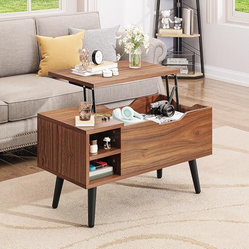 YITAHOME Mesa de Centro Elevable con Compartimento Oculto, Estante de Almacenamiento Ajustable, Elevador de Resorte, Mesa de Centro con Almacenamiento para Sala de Estar, 80x40x61,5cm, Roble Rústico