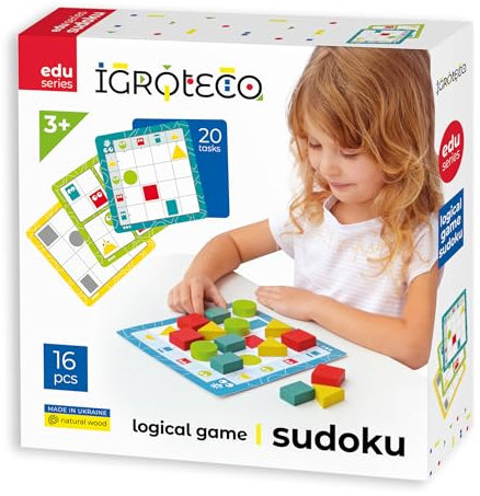 Igroteco® Logikspiel Geometrisches Sudoku | 16 Teile aus Holz | pädagogisches Holzspielzeug 20 Aufgaben | Förderung von Logik und Feinmotorik | sichere wasserbasierte Farben