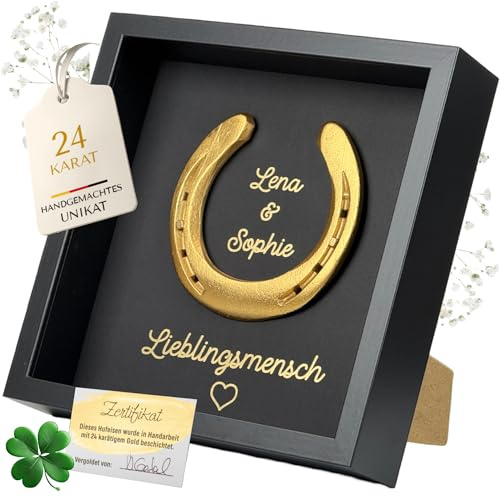 Thiger Geschenk für beste Freundin oder Paare| Personalisiert mit Namen & Lieblingsmensch Schriftzug | Glückshufeisen im Bilderrahmen | Valentinstag (Vergoldet/Schwarz)