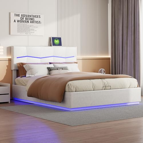 PerGar Polsterbett 180x200cm, Gepolstertes Hubbett mit Stauraum und Lattenrost, LED Kopfteil mit Staufach und USB Ladefunktion, Luftbett, Doppelbett Funktionsbetten Rückenlehne Bettgestell, PU, Beige