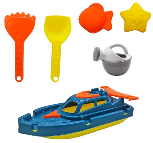 Acan Tradineur - Barco de Juguete con Pala, rastrillo, Mini regadera y moldes, plástico Resistente, niños, Jugar en la Arena, Playa, Parque, 6 Piezas