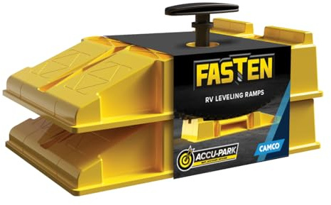 Camco Fasten Premium RV Leveling Trailer Ramps w/Convenient Handle - Nesting Design for RV Storage - Compatible w/Square Leveling Blocks - 2-Pack (44535)