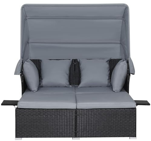 GYMAX Rattan Lounge mit einziehbarem Sonnendach, Rattan Sonnenliege mit Sitz- & Rückenkissen, Gartenliege mit klappbaren Seitenablagen, Terrassenmöbel, Gartensofa für Hof & Veranda (Grau)