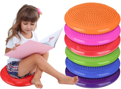 6 Pcs Inflated Wobble Cushion 34CM Inflatable Air Stability Cushion Balance Board with Pump Non-slip Balance Disc Sitting Posture Trainer Wiggle Seat for Office School Home Equipment