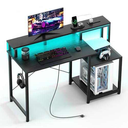 CAIYUH Gaming Desk with LED Lights & Power Outlets 120x50cm, Black | Monitor Stand, Printer Stand, USB Port & Charging Station, Home Office, Small Space, Study, Teen, Adjustable Lighting