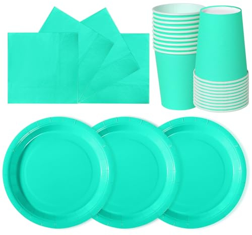 hailstones Teal Disposable Party Paper Plates Set Tableware Supplies - 24 Pack of 7 Inch Plates, Cups & Napkins for Kids Birthday Decorations Christening Wedding Shower