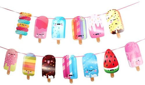 MALUGOGO Eiscreme Wimpelkette Banner Hängende Dekoration mit Sortierte Farben, Papiermaterial, für Partyverzierung und Fotoshooting, für Innen- und Außenbereich