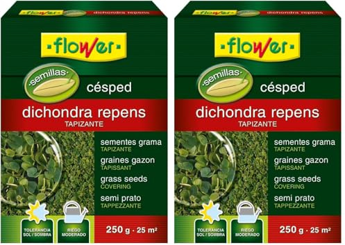 Flower - Semillas Dichondra Repens 250 gr, Resistente al Sol y Sombra, Ideal para 25 m2, Riego Moderado, Bajo Mantenimiento, Turba Rubia, Humus Lombriz, Substrato Ácidas - Tamaño 10.3x3.7x14.5 cm