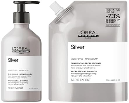 L'Oréal Professionnel Silver Shampoo-Set für Weißes, Graues & Blondiertes Haar mit Violett Pigmente, Anti-Gelbstich, Serie Expert, 500ml & Nachfüllbeutel Refill 500ml