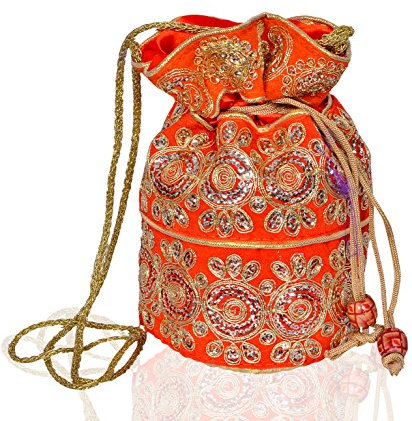 Purpledip Potli Tasche (Clutch, Kordelzug) für Frauen mit aufwendigem Goldfaden und Pailletten-Stickerei, Orange/Abendrot im Zickzackmuster (Sunset Chevron), Einheitsgröße