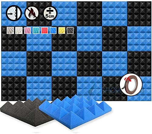 Arrowzoom 24 Akkustik Platten Akkustikschaumstoffmatten Akustikschaumstoff 25x25x5cm Fliesen Dämmung Wanddeko Pyramiden Noppenschaumstoff Breitbandabsorber Decke Foam Feuerhemmend Blau Schwarz
