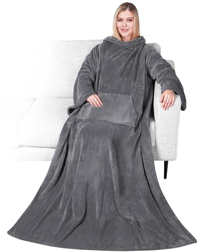 Premium Fleece Blanket with Sleeves for Adults Women Men | Warm Cozy Extra Soft Micro Plush Blanket Functional Lightweight to Wear (Charcoal, Kangaroo Pocket)