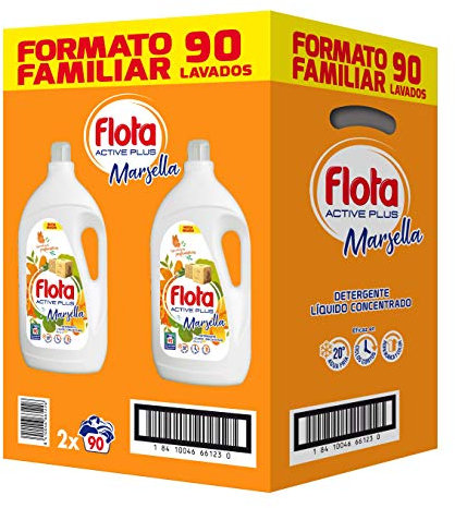 FLOTA Detergente Líquido Quitamanchas Incluso En Agua Fría Para Lavadora | Ropa Blanca Y De Color | Fragancia Marsella | 90 Lavados Formato Familiar, 4.95 l (Paquete de 2), 9900 Mililitro