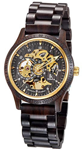 Alienwork Automatikuhr Armbanduhr Herren Schwarz Holz-Armband Gold Skelett Natur-Holz