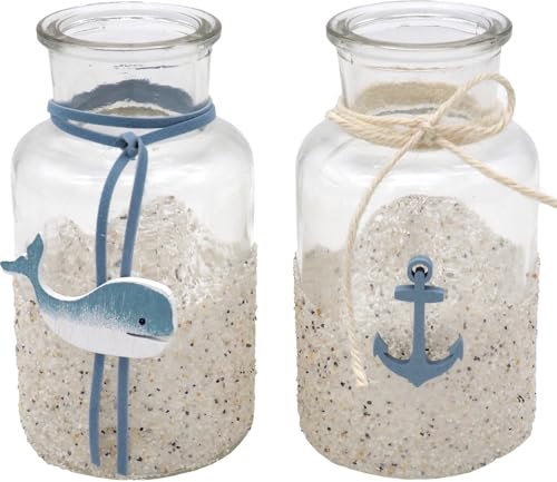 2 Vasen Blau Sand Wal Anker Tischdeko Maritime Deko Sommer Terrasse Balkon Bad