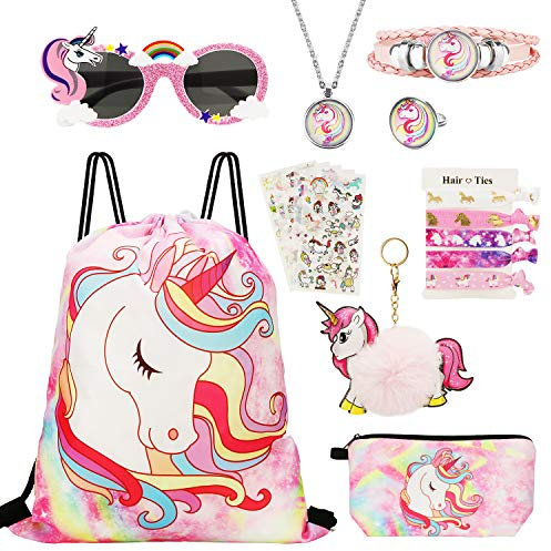 Hifot Borsa Unicorno Bambina, 18 Pcs Unicorno Regali per Ragazze, Zaino con un Cordoncino Unicorno Borsa per Trucco, Festa collana Anello Braccialetto Pendente, occhiali da sole, Adesivi