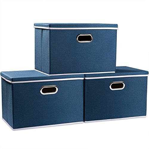 Prandom Storage Boxes with Lids Large,Collapsible Linen Fabric Storage Box,Decorative Bins,Really Useful Box,Clothing Storage,Stackable,45x30x30cm,Royal Blue[3-Pack]