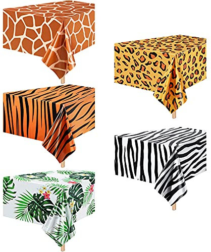 5 Pieces Animal Safari Tablecloth Jungle Animal Theme Tablecover Leopard Tiger Zebra Giraffe Print Table Cover Tropical Leaf Tablecloth Party Supplies for Jungle Safari Zoo Birthday Party Baby Showers