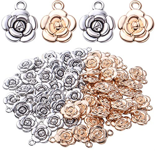 BronaGrand Rose Charm Pendant,60pcs Alloy Rose Flower Charms Flower Bead Charms Craft Supplies for Jewelry DIY Necklace Earrings Bracelet Making Accessory,Antique Silver and Gold, Silver